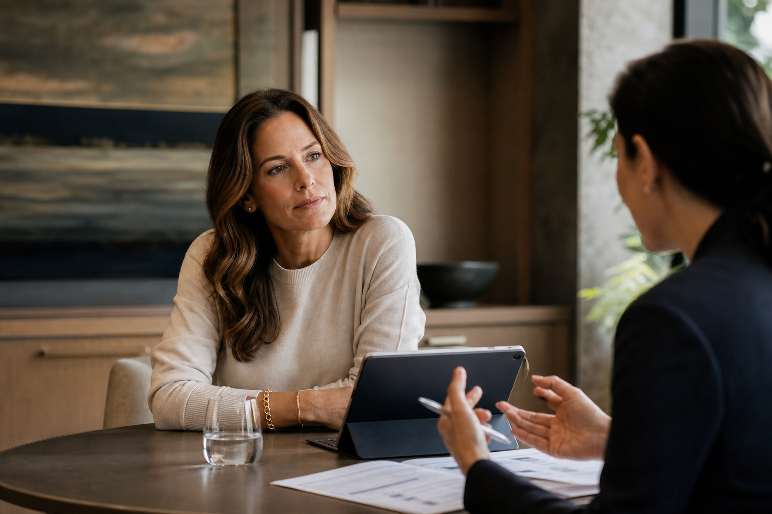 A female private client reviewing a health plan in a private consultation.